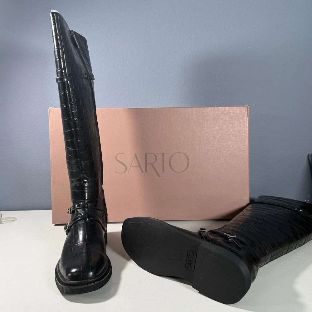 SARTO by Franco Sarto Ainsley Black Croc Embossed Leather Knee High Boots Size 9